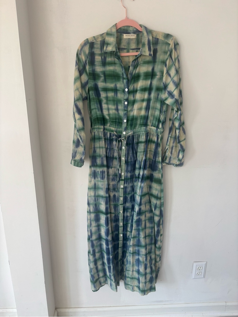 Maison Hotel S Tie Dye Blue Green Maxi Shirt Dress - Picture 2 of 4